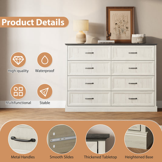 Rustic 8-Drawer Wood Dresser, Large Storage Chest Organizer with Metal Handles for Bedroom, Living Room, Farmhouse Style Furniture,White