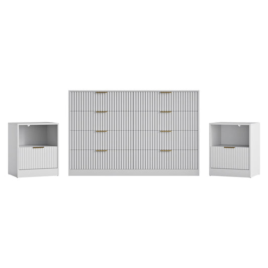 3-Piece Modern Bedroom Set - 8 Drawer Wide Dresser & Nightstands Set of 2 with Fluted Design, Anti-Tip Safety White Natural Wood Storage Furniture for Bedroom,Hallway 8+2,White