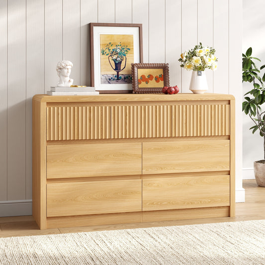7 Drawers Dresser for Bedroom, 49.2" W Modern Chest of Drawers with Curved Profile Design, Mid Century Fluted Storage Dressers Organizer,Natural