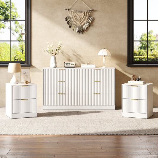3-Piece Modern Bedroom Set - 6 Drawer Wide Dresser & Nightstands Set of 2 with Fluted Design, Anti-Tip Safety White Natural Wood Storage Furniture for Bedroom,Hallway 6+4,White