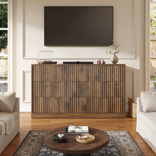 55.1" W Fluted 6 Drawer Dresser for Adult,Wooden Bedroom Dresser,Dresser TV Stand up to 65" for Living Room,Brown