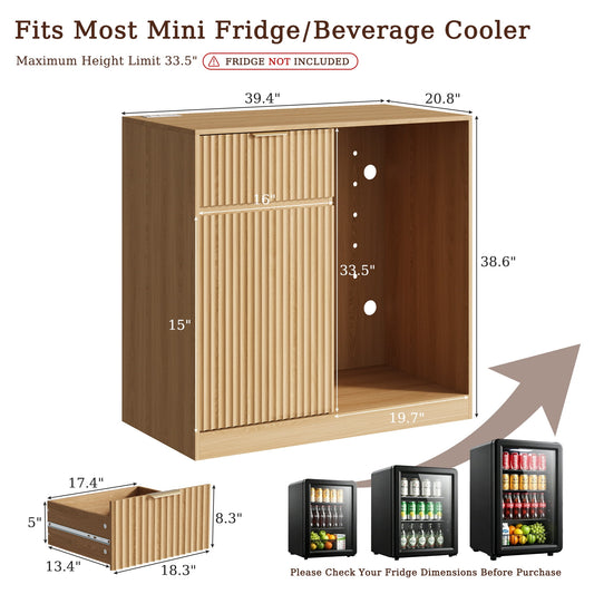 39.4" Mini Fridge Cabinet with Power Outlet,Fluted Coffee Bar Cabinet with Mini Fridge Space,Buffet Sideboard with Drawers,Natural
