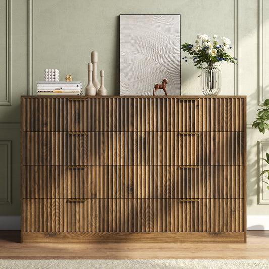 55.1" W Fluted 8 Drawer Dresser for Adult,Wooden Bedroom Dresser,Dresser TV Stand up to 65" for Living Room,Brown