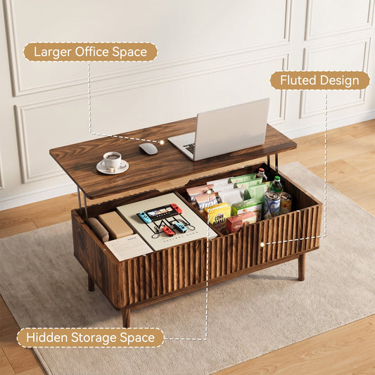 Fluted Lift Top Coffee Table with Storage, 39.4" Width Rising Coffee Tables with Hidden Compartment, Wood Center Table for Living Room Office, Brown