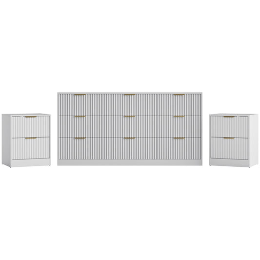 3-Piece Modern Bedroom Set - 9 Drawer Wide Dresser & Nightstands Set of 2 with Fluted Design, Anti-Tip Safety White Natural Wood Storage Furniture for Bedroom,Hallway 9+4,White