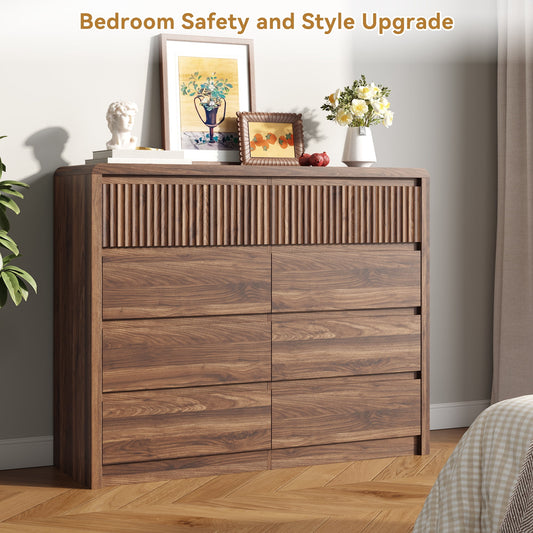 8 Drawers Dresser for Bedroom, 49.2" W Modern Chest of Drawers with Curved Profile Design, Mid Century Fluted Storage Dressers Organizer,Brown