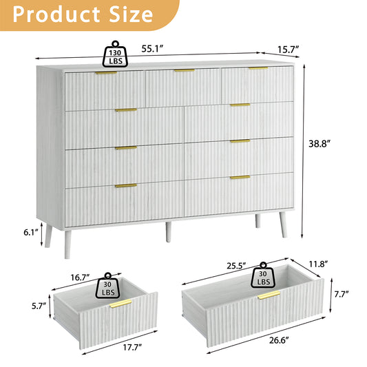 Fluted 9 Drawers Dresser, 55.1" Wide Modern Chest of Drawers with Wood Foot, Dresser TV Stand Up to 65 Inch TV, Wood Drawer Organizer for Bedroom, Living Room, Hallway - White