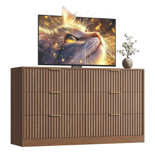 55.1" W Fluted 6 Drawer Dresser for Adult,Wooden Bedroom Dresser,Dresser TV Stand up to 65" for Living Room,Oak