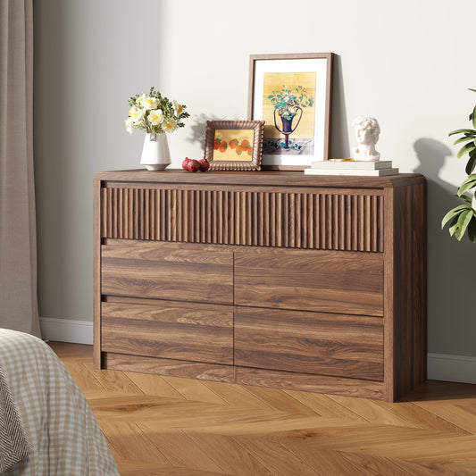 7 Drawers Dresser for Bedroom, 49.2" W Modern Chest of Drawers with Curved Profile Design, Mid Century Fluted Storage Dressers Organizer,Brown