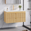 ASTUVIA 35.4" Modern Fluted Bathroom Vanity with Sink, Wall Mounted Floating Cabinets with Double Drawers, Resin Sink Combo Set with Golden Handle,Natural