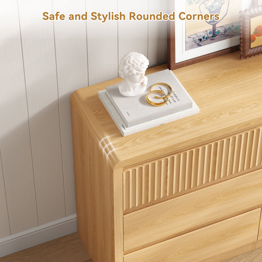 6 Drawers Dresser for Bedroom, 49.2" W Modern Chest of Drawers with Curved Profile Design, Mid Century Fluted Storage Dressers Organizer,Natural