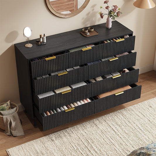 Fluted 8 Drawers Dresser, 55.1" Wide Modern Chest of Drawers with Wood Foot, Dresser TV Stand Up to 65 Inch TV, Wood Drawer Organizer for Bedroom, Living Room, Hallway - Black