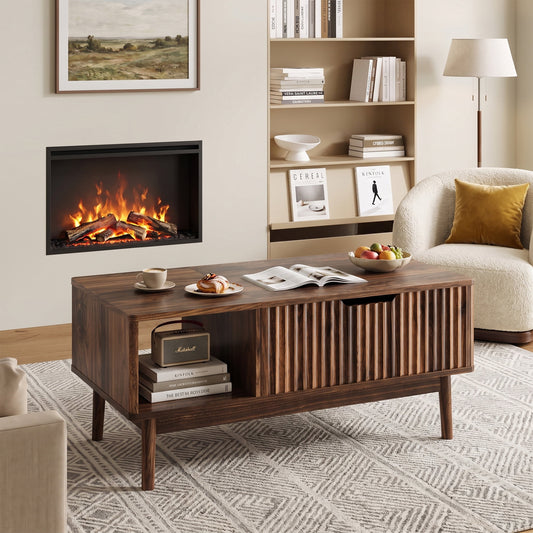 Fluted Lift Top Coffee Table with Storage, Rising Coffee Tables with Hidden Compartment, Wood Center Table for Living Room Office, Brown