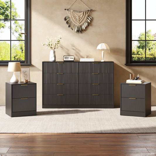3-Piece Modern Bedroom Set - 8 Drawer Wide Dresser & Nightstands Set of 2 with Fluted Design, Anti-Tip Safety Black Natural Wood Storage Furniture for Bedroom,Hallway 8+4,Black