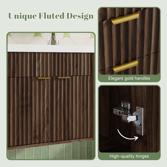 60" Fluted Bathroom Vanity Cabinet with 2 Drawers,Bathroom Vanity with Sink and 4 Soft-Close Doors,Floating Bathroom Sink Cabinet,Brown