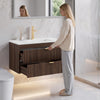 ASTUVIA 35.4" Modern Fluted Bathroom Vanity with Sink, Wall Mounted Floating Cabinets with Double Drawers, Resin Sink Combo Set with Golden Handle,Brown
