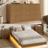 4-Piece Bedroom Set for Adult, Fluted Queen Floating LED Bed Frame with 2 Nightstands and Fluted 9 Drawer Dressers,Light Walnut Queen,9+6 Drawers