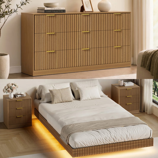 4-Piece Bedroom Set for Adult, Fluted Queen Floating LED Bed Frame with 2 Nightstands and Fluted 9 Drawer Dressers,Light Walnut Queen,9+6 Drawers