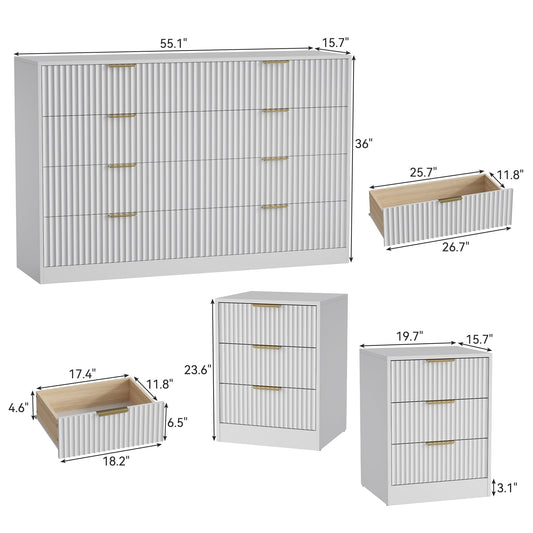 3-Piece Modern Bedroom Set - 8 Drawer Wide Dresser & Nightstands Set of 2 with Fluted Design, Anti-Tip Safety White Natural Wood Storage Furniture for Bedroom,Hallway 8+6,White