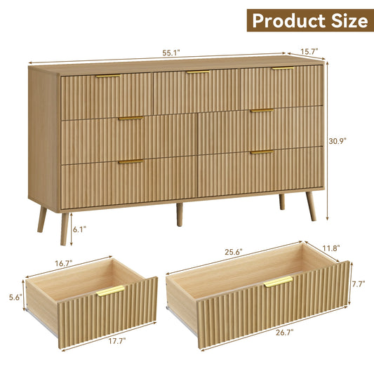 Fluted 7 Drawers Dresser, 55.1" Wide Modern Chest of Drawers with Wood Foot, Dresser TV Stand Up to 65 Inch TV, Wood Drawer Organizer for Bedroom, Living Room, Hallway - OAK