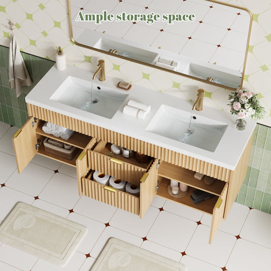 60" Fluted Bathroom Vanity Cabinet with 2 Drawers,Bathroom Vanity with Sink and 4 Soft-Close Doors,Floating Bathroom Sink Cabinet,OAK
