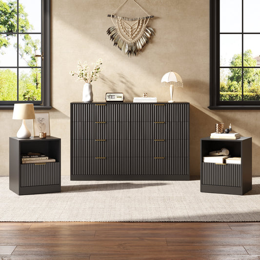 3-Piece Modern Bedroom Set - 8 Drawer Wide Dresser & Nightstands Set of 2 with Fluted Design, Anti-Tip Safety Black Natural Wood Storage Furniture for Bedroom,Hallway 8+2,Black