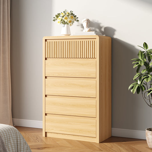 5 Drawers Dresser for Bedroom, 48.4" Tall Chest of Drawers with Curved Profile Design, Mid Century Fluted Storage Dressers Organizer,Natural