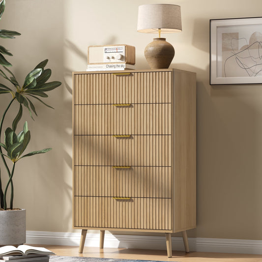 5-Drawer Tall Dresser for Adults with Metal Handle,Fluted Dresser Modern Storage Cabinet for Home Office Living Room,Oak