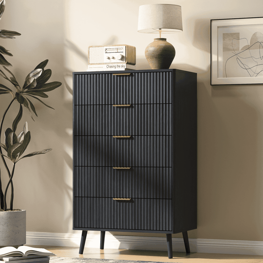5-Drawer Tall Dresser for Adults with Metal Handle,Fluted Dresser Modern Storage Cabinet for Home Office Living Room,Black