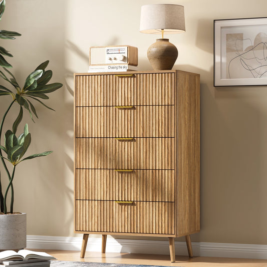 5-Drawer Tall Dresser for Adults with Metal Handle,Fluted Dresser Modern Storage Cabinet for Home Office Living Room,Brown
