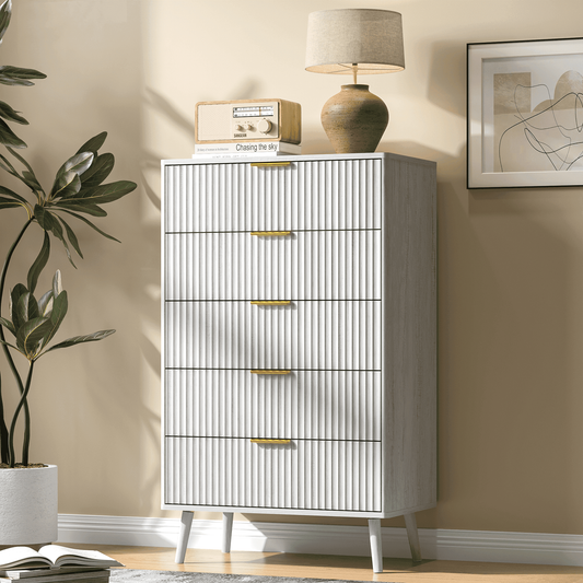 5-Drawer Tall Dresser for Adults with Metal Handle,Fluted Dresser Modern Storage Cabinet for Home Office Living Room,White