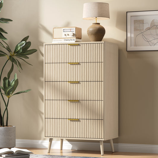 5 Drawer Dresser for Bedroom,Tall Dresser with Metal Handle,Fluted Dresser Modern Storage Cabinet for Home Office Living Room,White