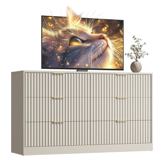 55.1" W Fluted 6 Drawer Dresser for Adult,Wooden Bedroom Dresser,Dresser TV Stand up to 65" for Living Room,Beige