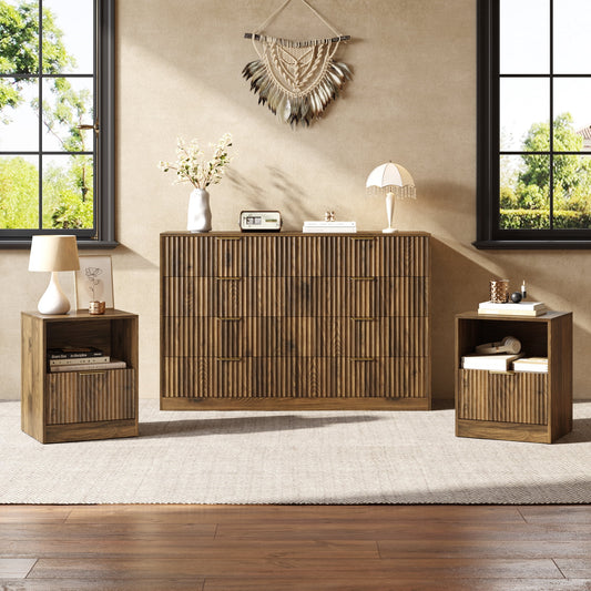 3-Piece Modern Bedroom Set - 8 Drawer Wide Dresser & Nightstands Set of 2 with Fluted Design, Anti-Tip Safety Brown Natural Wood Storage Furniture for Bedroom,Hallway 8+2,Brown