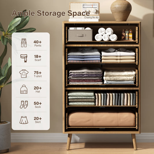 5-Drawer Tall Dresser for Adults with Metal Handle,Fluted Dresser Modern Storage Cabinet for Home Office Living Room,Brown