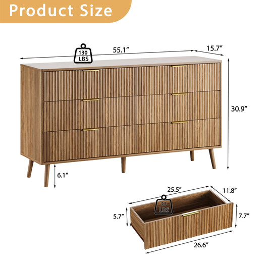 Fluted 6 Drawers Dresser, 55.1" Wide Modern Chest of Drawers with Wood Foot, Dresser TV Stand Up to 65 Inch TV, Wood Drawer Organizer for Bedroom, Living Room, Hallway - Brown