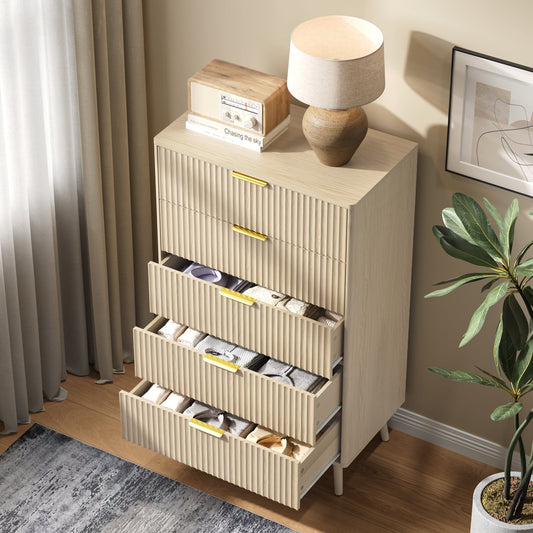 5 Drawer Dresser for Bedroom,Tall Dresser with Metal Handle,Fluted Dresser Modern Storage Cabinet for Home Office Living Room,White