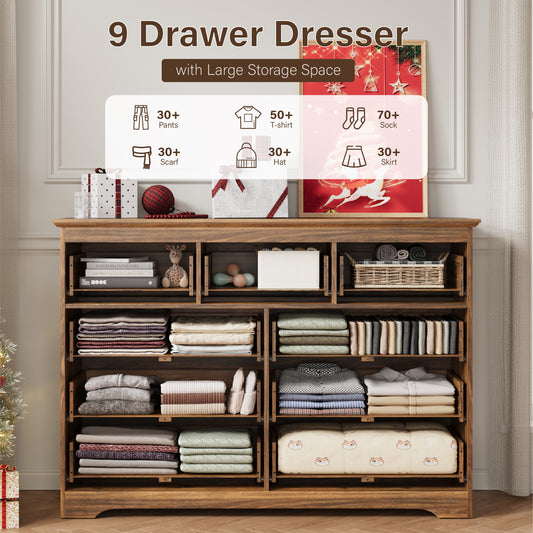 55.1" Wide Dresser for Bedroom, 9 Drawer Dresser with Large Drawers, Dresser for TVs Up to 65",Brown