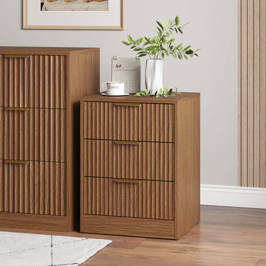 3-Piece Modern Bedroom Set - 8 Drawer Wide Dresser & Nightstands Set of 2 with Fluted Design, Anti-Tip Safety Light Walnut Natural Wood Storage Furniture for Bedroom,Hallway 8+6,Light Walnut