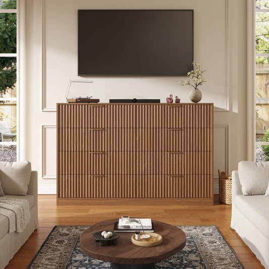 55.1" W Fluted 8 Drawer Dresser for Adult,Wooden Bedroom Dresser,Dresser TV Stand up to 65" for Living Room,Oak