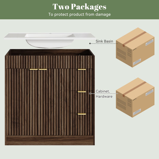 35.4" Fluted Bathroom Vanity Cabinet with 3 Drawers,Bathroom Vanity with Sink and Soft-Close Doors,Freestanding Small Bathroom Sink Cabinet,Brown
