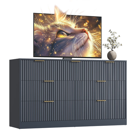 55.1" W Fluted 7 Drawer Dresser for Adult,Wooden Bedroom Dresser,Dresser TV Stand up to 65" for Living Room,Blue