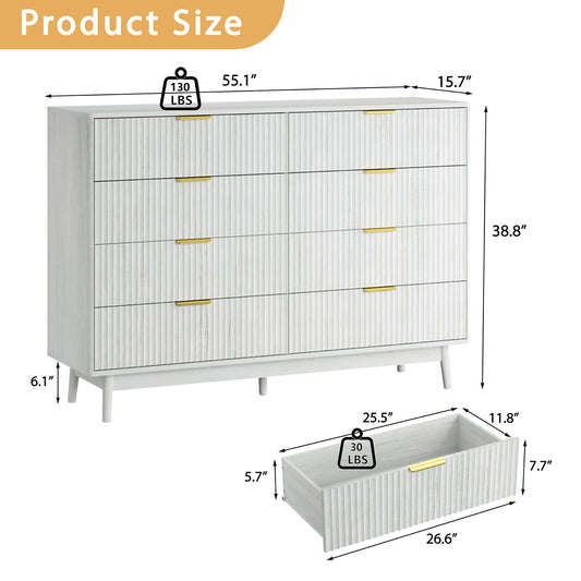 Fluted 8 Drawers Dresser, 55.1" Wide Modern Chest of Drawers with Wood Foot, Dresser TV Stand Up to 65 Inch TV, Wood Drawer Organizer for Bedroom, Living Room, Hallway - White