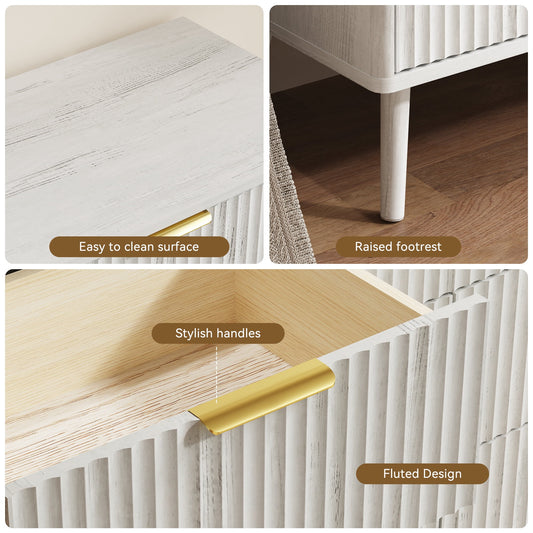 Fluted 7 Drawers Dresser, 55.1" Wide Modern Chest of Drawers with Wood Foot, Dresser TV Stand Up to 65 Inch TV, Wood Drawer Organizer for Bedroom, Living Room, Hallway - White