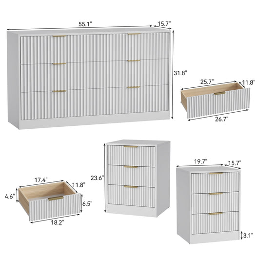 3-Piece Modern Bedroom Set - 6 Drawer Wide Dresser & Nightstands Set of 2 with Fluted Design, Anti-Tip Safety White Natural Wood Storage Furniture for Bedroom,Hallway 6+6,White