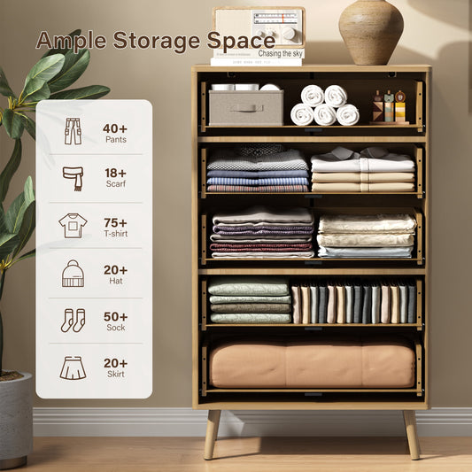 5-Drawer Tall Dresser for Adults with Metal Handle,Fluted Dresser Modern Storage Cabinet for Home Office Living Room,Oak