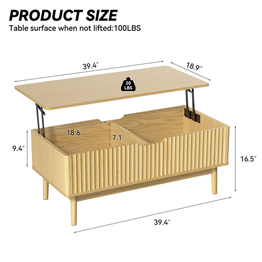 Fluted Lift Top Coffee Table with Storage, 39.4" Width Rising Coffee Tables with Hidden Compartment, Wood Center Table for Living Room Office, Natural