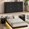 4-Piece Bedroom Set for Adult, Fluted Queen Floating LED Bed Frame with 2 Nightstands and Fluted 6 Drawer Dressers,Black Queen,6+4 Drawers,Black