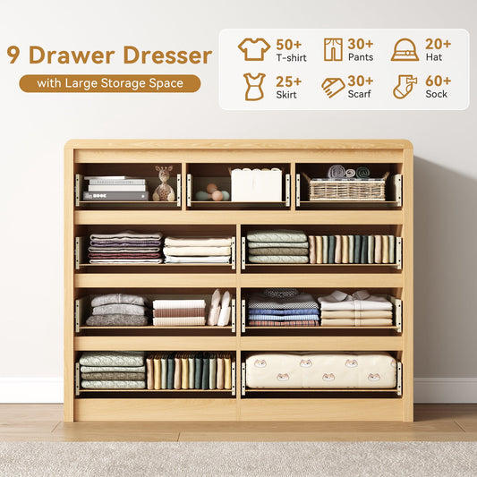 9 Fluted Drawers Dresser for Bedroom, 49.2" W Modern Chest of Drawers with Curved Profile Design, Mid Century Storage Dressers Organizer,Natural