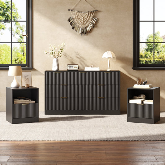 3-Piece Modern Bedroom Set - 7 Drawer Wide Dresser & Nightstands Set of 2 with Fluted Design, Anti-Tip Safety Black Natural Wood Storage Furniture for Bedroom,Hallway 7+2,Black